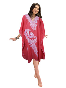  Coral Pink Cotton Embroidered Caftan Kaftan for Women Kimono Beach Cover Up Short Kaftan L-2X