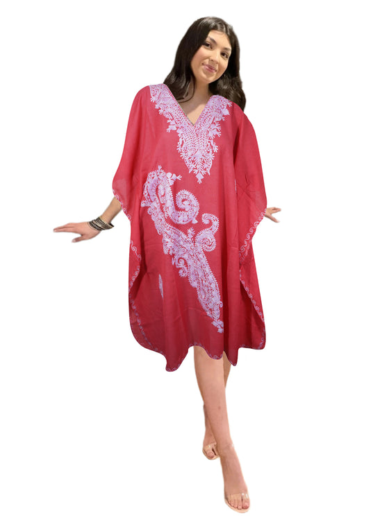 Coral Pink Cotton Embroidered Caftan Kaftan for Women Kimono Beach Cover Up Short Kaftan L-2X