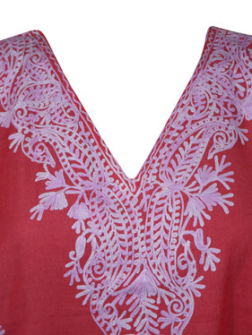 Coral Pink Cotton Embroidered Caftan Dress, Kimono Beach Cover Up Short Kaftan L-2X