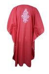 Coral Pink Cotton Embroidered Caftan Dress, Kimono Beach Cover Up Short Kaftan L-2X