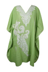 Women’s Leaf Green Short Caftan Dress – White Embroidered Cotton Kimono Style L-2X