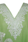 Women’s Leaf Green Short Caftan Dress – White Embroidered Cotton Kimono Style L-2X
