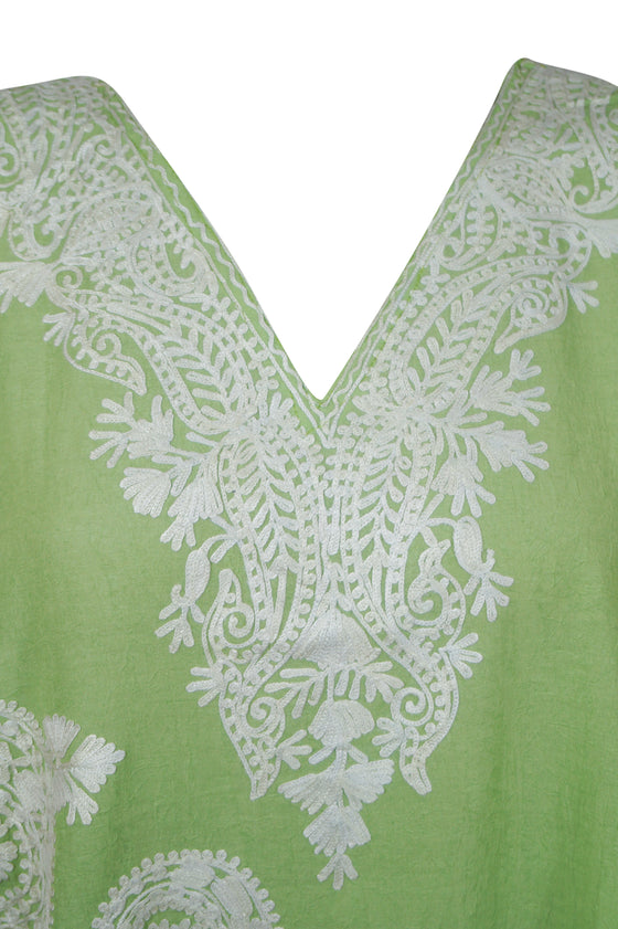 Women’s Leaf Green Short Caftan Dress – White Embroidered Cotton Kimono Style L-2X