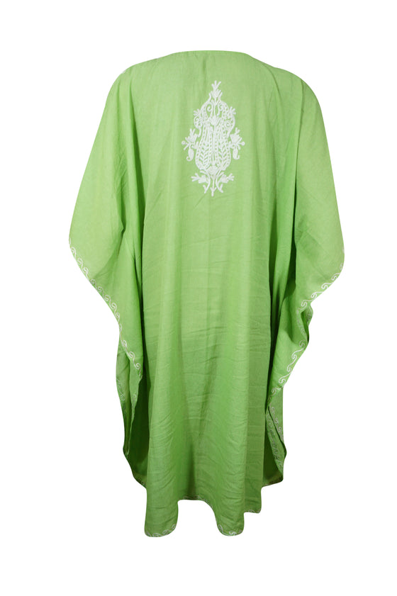 Women’s Leaf Green Short Caftan Dress – White Embroidered Cotton Kimono Style L-2X