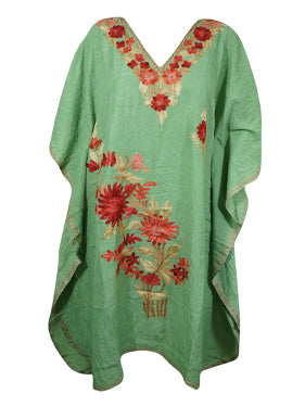 Kaftan For Womens, Celadon Short Dress, Gift For Her, Cotton Embroidered Dresses L-3X