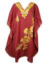 Women's Dark Red Muumuu Caftan Short Dress, Cotton Butterfly Embroidered Kimono Dresses L-2X