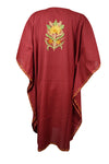 Women's Dark Red Muumuu Caftan Short Dress, Cotton Butterfly Embroidered Kimono Dresses L-2X