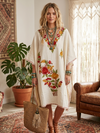 Women’s White Cotton Embroidered Kaftan Dress – Short Boho Gift for Her L-2X