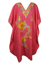 Coral Pink Cotton Embroidered Caftan Dress, Kimono Beach Cover Up Short Kaftan L-2X
