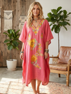 Women’s Pink Embroidered Cotton Kaftan – Short Kimono Beach Cover-Up Dress L-2X