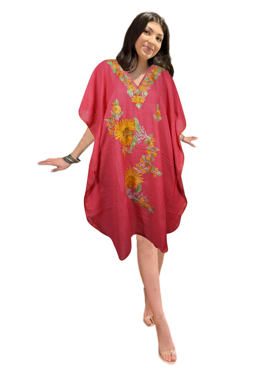 Kaftan for Women Pink Cotton Embroidered Caftan Dress, Kimono Beach Cover Up Short Kaftan L-2X