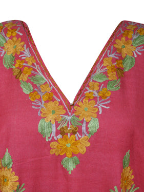 Coral Pink Cotton Embroidered Caftan Dress, Kimono Beach Cover Up Short Kaftan L-2X