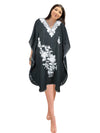 Womens Black Caftan Dress, Gift For Her Beach Embroidered Short Dresses L-2X