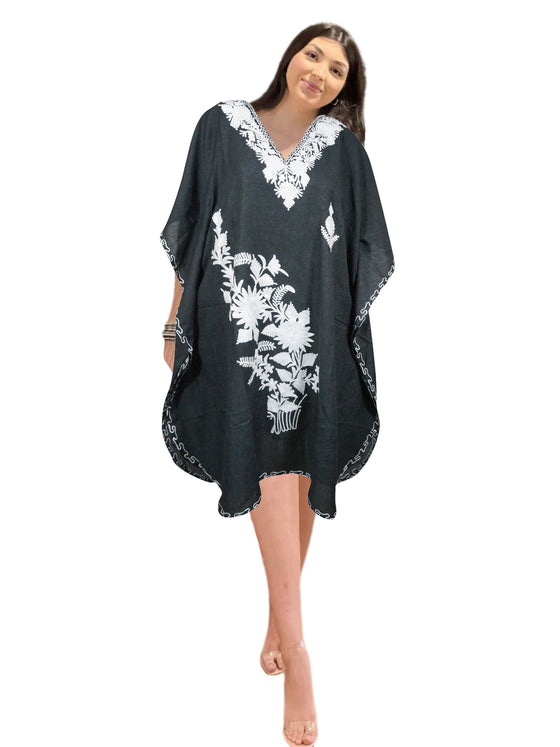 Womens Black Caftan Dress, Gift For Her Beach Embroidered Short Dresses L-2X