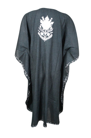 Womens Black Caftan Dress, Gift For Her, Beach Embroidered Short Dresses L-2X