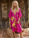 Women’s Bright Fuchsia Tunic Dress – Embroidered Short Resort Kaftan L-2X