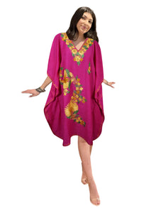  Women Fuchsia Embroidered, Oversized Tunic, Short Kaftan Dress, Leisure Wear L-2X