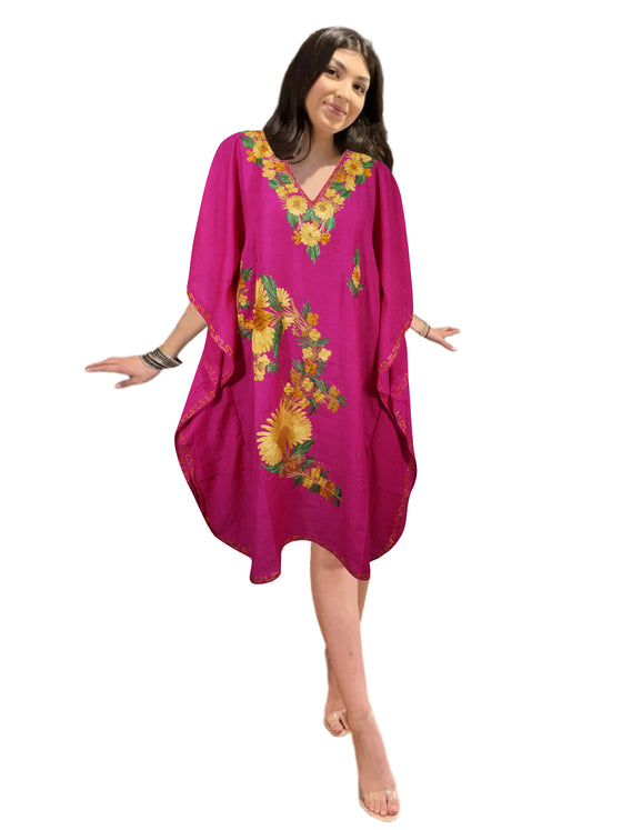 Women Fuchsia Embroidered, Oversized Tunic, Short Kaftan Dress, Leisure Wear L-2X
