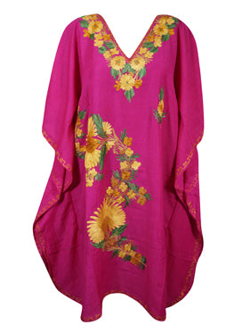 Women Fuchsia Embroidered, Oversized Tunic, Short Kaftan Dress, Leisure Wear L-2X