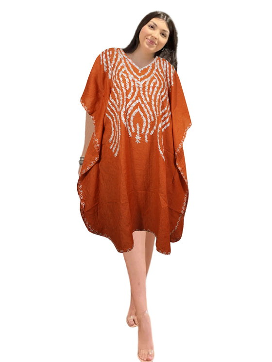 Marigold yellow Short Caftan Dress, cotton Embroidered Oversized Tunic Dresses, L-2X