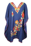 Women’s Navy Blue Short Caftan Dress – Colorful Embroidered Cotton Kimono Style L-2X