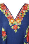 Women’s Navy Blue Short Caftan Dress – Colorful Embroidered Cotton Kimono Style L-2X
