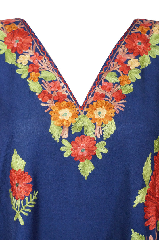 Women’s Navy Blue Short Caftan Dress – Colorful Embroidered Cotton Kimono Style L-2X