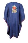 Women’s Navy Blue Short Caftan Dress – Colorful Embroidered Cotton Kimono Style L-2X