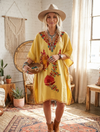 Women’s Yellow Cotton Kaftan Dress – Embroidered Short Muumuu Kimono Style L-2X
