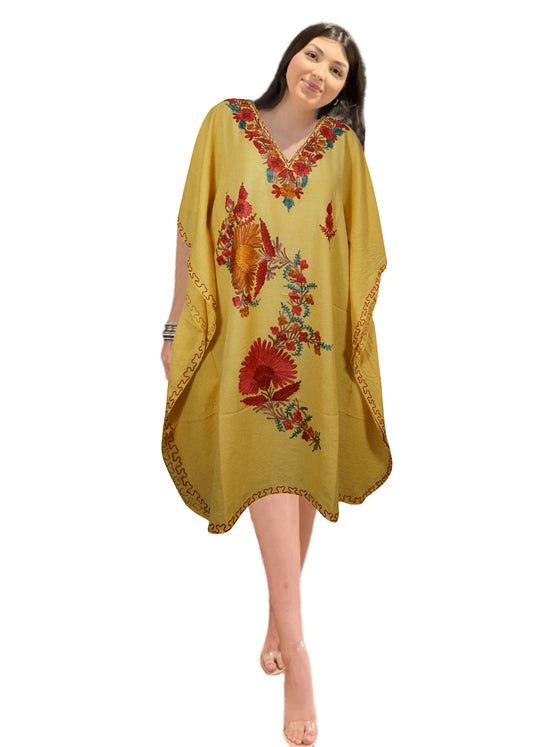 Kaftan for Women Yellow Muumuu Caftan Short Dress, Cotton Embroidered Kimono Dresses L-2X