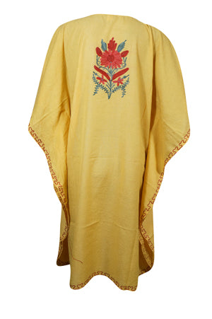 Kaftan for Women Yellow Muumuu Caftan Short Dress, Cotton Embroidered Kimono Dresses L-2X