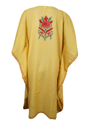Women's Yellow Muumuu Caftan Short Dress, Cotton Embroidered Kimono Dresses L-2X