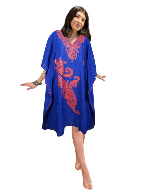 Kaftan for Women Royal Blue Caftan Dress Embroidered Cruise Kaftan Short Dress L-2X