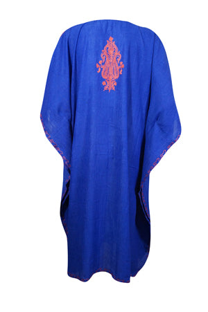 Womens Royal Blue Caftan Dress, Embroidered, Cruise Kaftan Short Dress L-2X