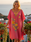 Valentine Gift for Her – Coral Pink Cotton Embroidered Caftan Dress, Short Kaftan  L-2X