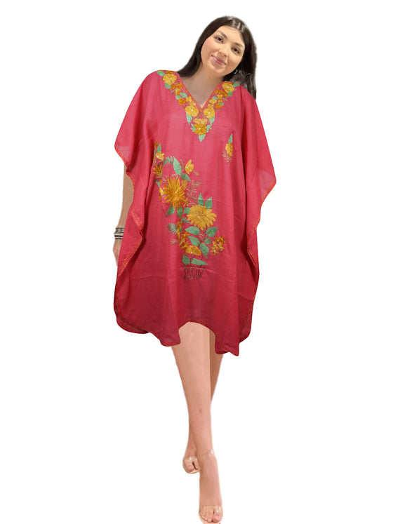 Valentine Gift Her, Coral Pink Cotton Embroidered Caftan Dress, Cover Up Short Kaftan L-2X
