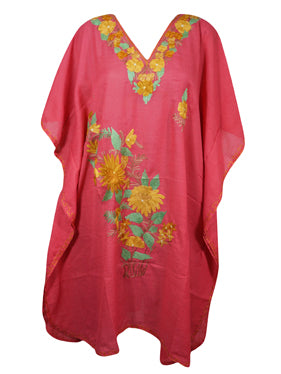 Valentine Gift Her, Coral Pink Cotton Embroidered Caftan Dress, Cover Up Short Kaftan L-2X