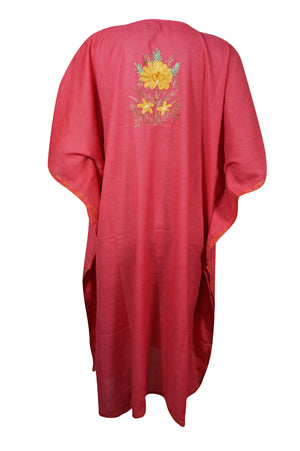 Valentine Gift Her, Coral Pink Cotton Embroidered Caftan Dress, Cover Up Short Kaftan L-2X