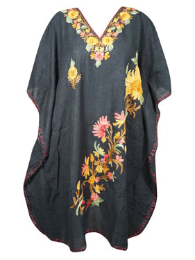 Women Short Kaftan Dress, Black Embroidered, Oversized Tunic, Leisure Wear L-2X