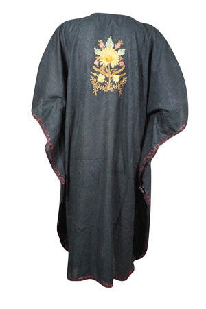 Women Short Kaftan Dress, Black Embroidered, Oversized Tunic, Leisure Wear L-2X