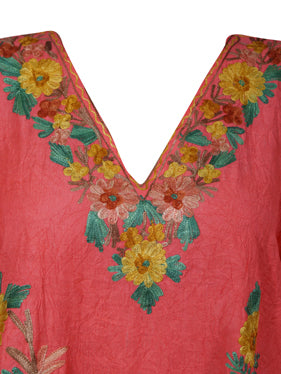 Women Short Kaftan Dress, Coral Peach Embroidered, Oversized Tunic, Leisure Wear L-2X