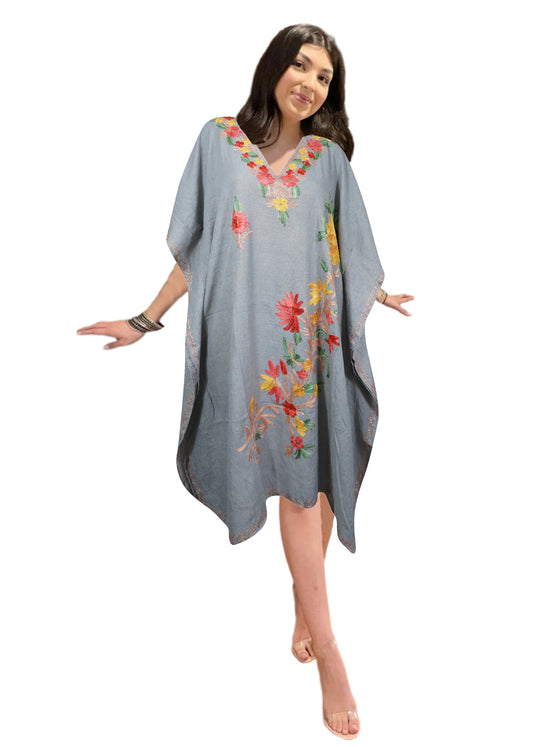 Women's Gray Muumuu Caftan Short Dress, Cotton Embroidered Kimono Dresses L-2X