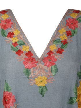 Women's Gray Muumuu Caftan Short Dress, Cotton Embroidered Kimono Dresses L-2X