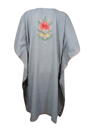 Women's Gray Muumuu Caftan Short Dress, Cotton Embroidered Kimono Dresses L-2X