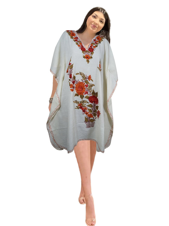 Kaftan For Womens Snow White Short Dress Gift For Her, Cotton Embroidered Dresses L-2X