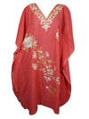 Coral Pink Cotton Embroidered Caftan Dress, Kimono Beach Cover Up Short Kaftan L-2X