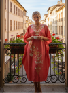 Coral Pink Cotton Embroidered Caftan Dress – Kimono Beach Cover-Up, Short Kaftan  L-2X