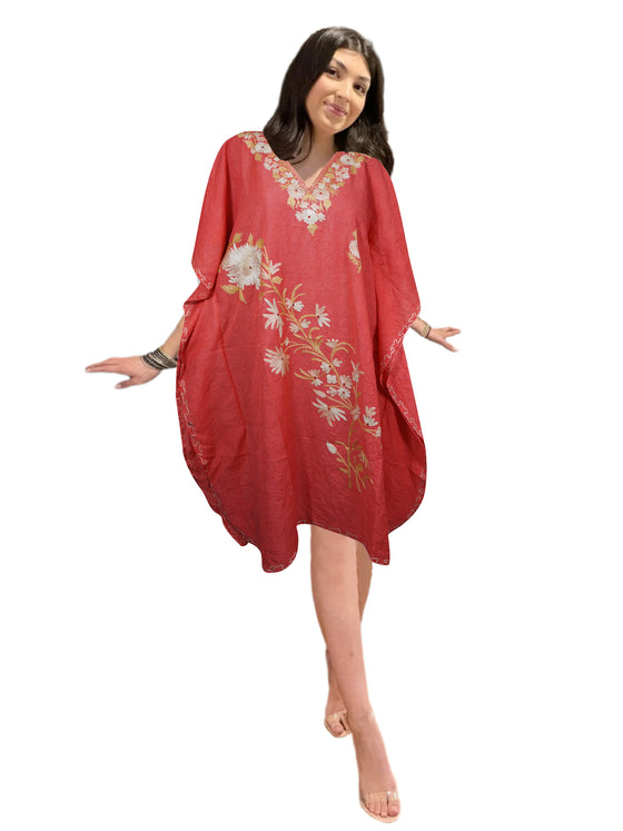 Coral Pink Cotton Embroidered Caftan Dress Kimono Beach Cover Up Short Kaftan L-2X