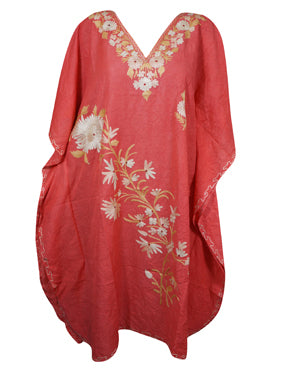 Coral Pink Cotton Embroidered Caftan Dress Kimono Beach Cover Up Short Kaftan L-2X