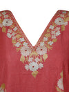 Coral Pink Cotton Embroidered Caftan Dress, Kimono Beach Cover Up Short Kaftan L-2X